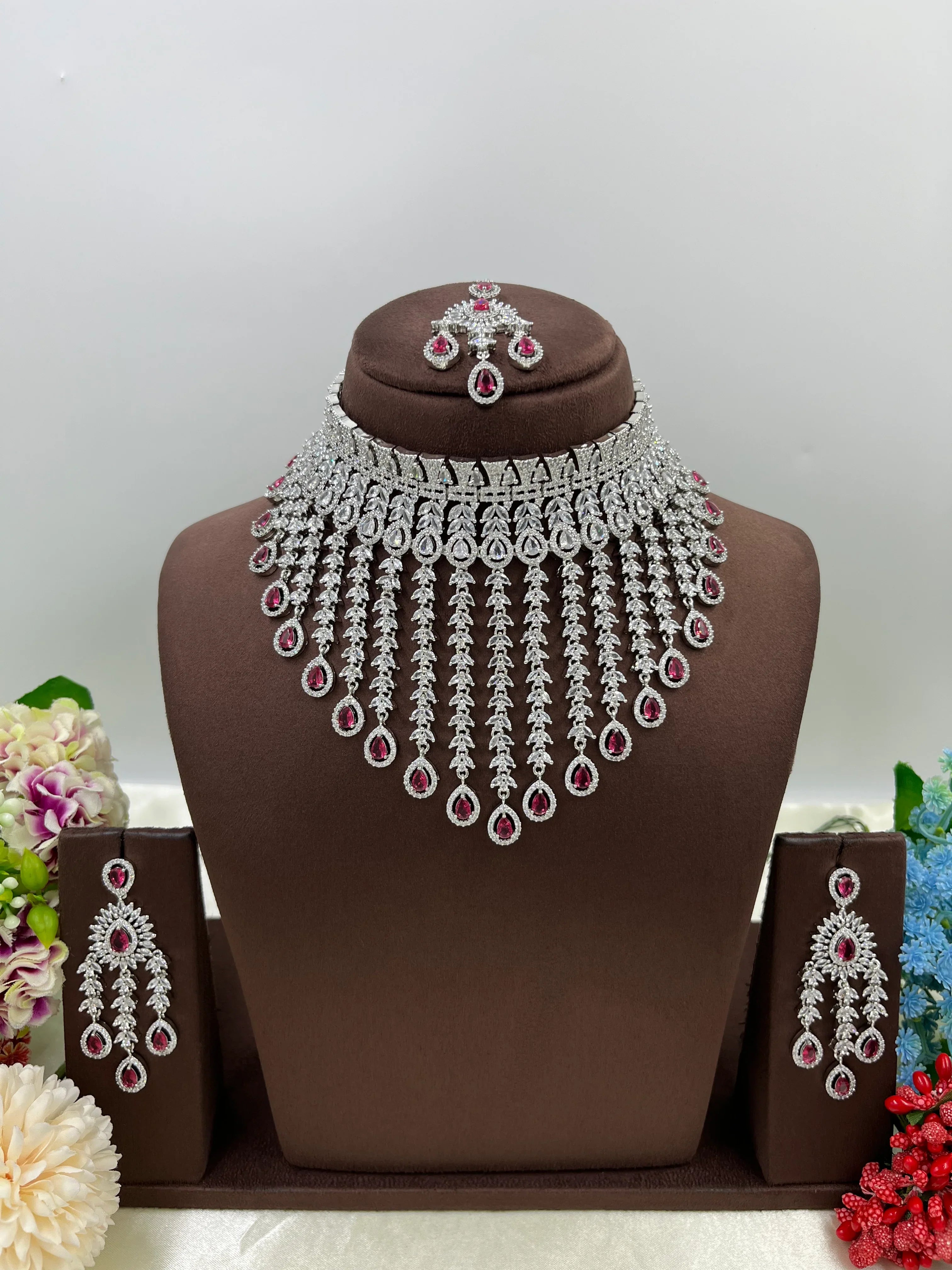 Bridal AD Necklace Set with Maangtika & Earrings | Indian Jewellery | Kundan Polki Bridal Necklace Set