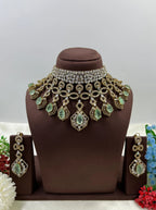 Royal Victorian Kundan Choker Necklace Set with Green Stone Drops & Matching Earrings – Indian Jewellery Bridal American Diamond Necklace Set