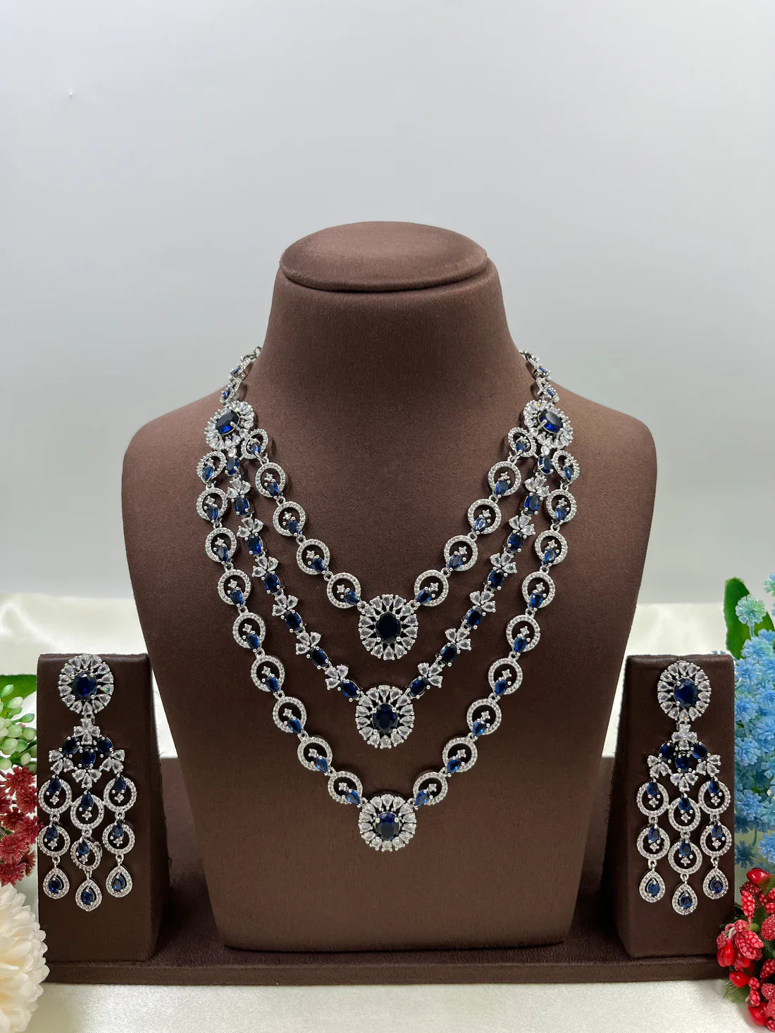Luxury Ruby Red American Diamond Bridal Necklace Set with Long Chandelier Earrings Silver Plated Wedding & Party Jewellery for Women
