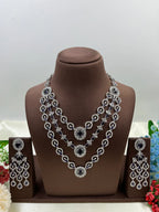 Luxury Ruby Red American Diamond Bridal Necklace Set with Long Chandelier Earrings Silver Plated Wedding & Party Jewellery for Women
