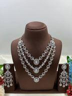 Luxury Ruby Red American Diamond Bridal Necklace Set with Long Chandelier Earrings Silver Plated Wedding & Party Jewellery for Women