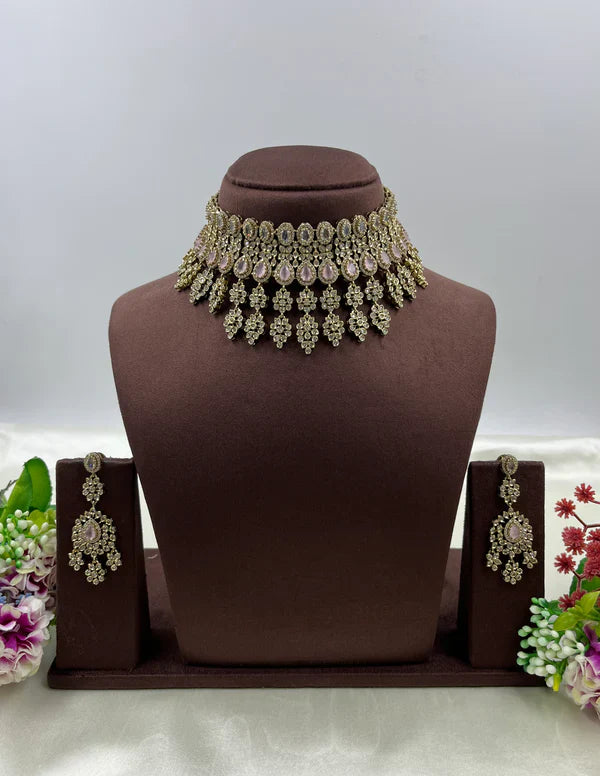 Luxury American Diamond Bridal Choker Necklace Set with Long Earrings – Gold Finish Wedding Jewellery