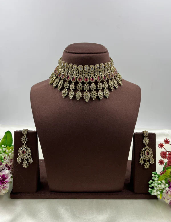 Luxury American Diamond Bridal Choker Necklace Set with Long Earrings – Gold Finish Wedding Jewellery