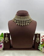 Luxury American Diamond Bridal Choker Necklace Set with Long Earrings – Gold Finish Wedding Jewellery
