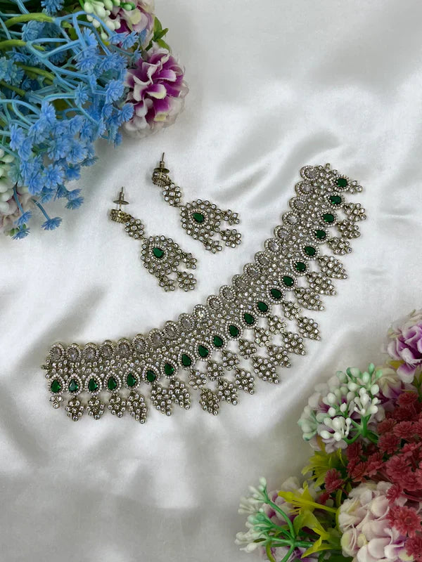 Luxury American Diamond Bridal Choker Necklace Set with Long Earrings – Gold Finish Wedding Jewellery