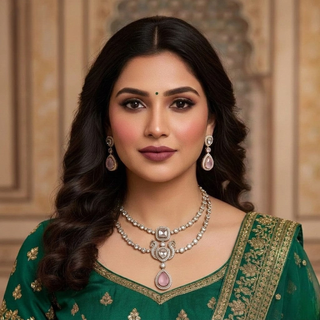 American Diamond Double Layer Necklace Set with Pink Teardrop Pendant & Matching Earrings | Elegant Bridal & Party Wear Jewellery