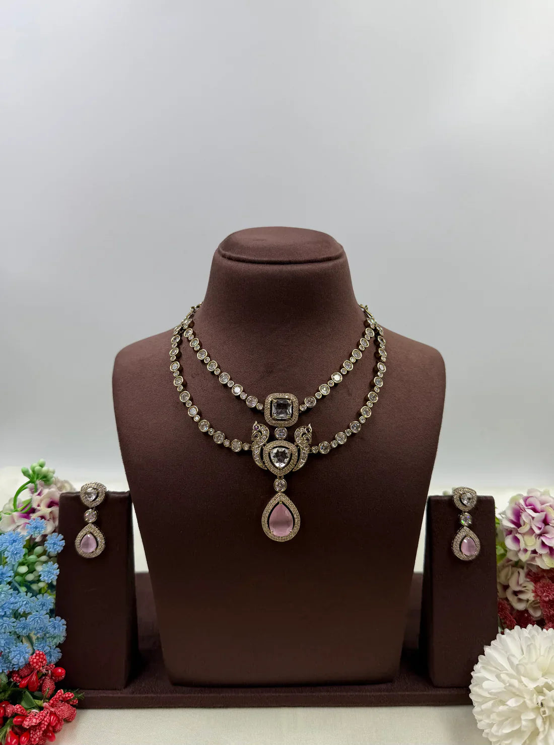 American Diamond Double Layer Necklace Set with Pink Teardrop Pendant & Matching Earrings | Elegant Bridal & Party Wear Jewellery