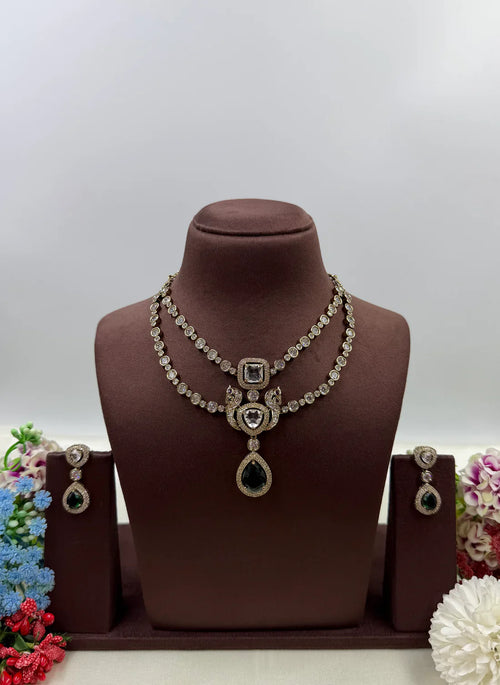 American Diamond Double Layer Necklace Set with Pink Teardrop Pendant & Matching Earrings | Elegant Bridal & Party Wear Jewellery