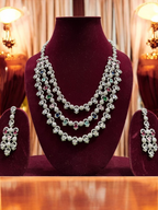 Pakistani Silver Tripple Layer Kundan Necklace Earrings Set, Pakistani Silver Multi Layer Pearl Necklace Set, Indian Silver Layered Kundan Jewelry Set, Rajsthani Kundan Necklace Set