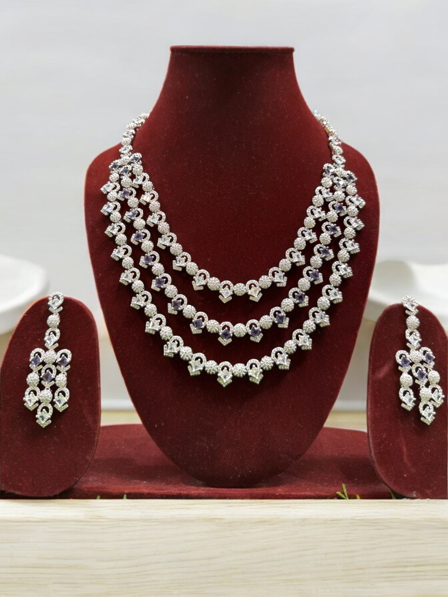 Pakistani Silver Tripple Layer Kundan Necklace Earrings Set, Pakistani Silver Multi Layer Pearl Necklace Set, Indian Silver Layered Kundan Jewelry Set, Rajsthani Kundan Necklace Set