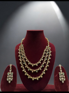 Rajsthani Golden Multi Layer Kundan Necklace Earrings Set, Jaipuri Golden Layered Pearl Necklace Set, Indian Gold Layered Kundan Jewelry Set, Indian Kundan Necklace Set