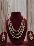 Rajsthani Golden Multi Layer Kundan Necklace Earrings Set, Jaipuri Golden Layered Pearl Necklace Set, Indian Gold Layered Kundan Jewelry Set, Indian Kundan Necklace Set
