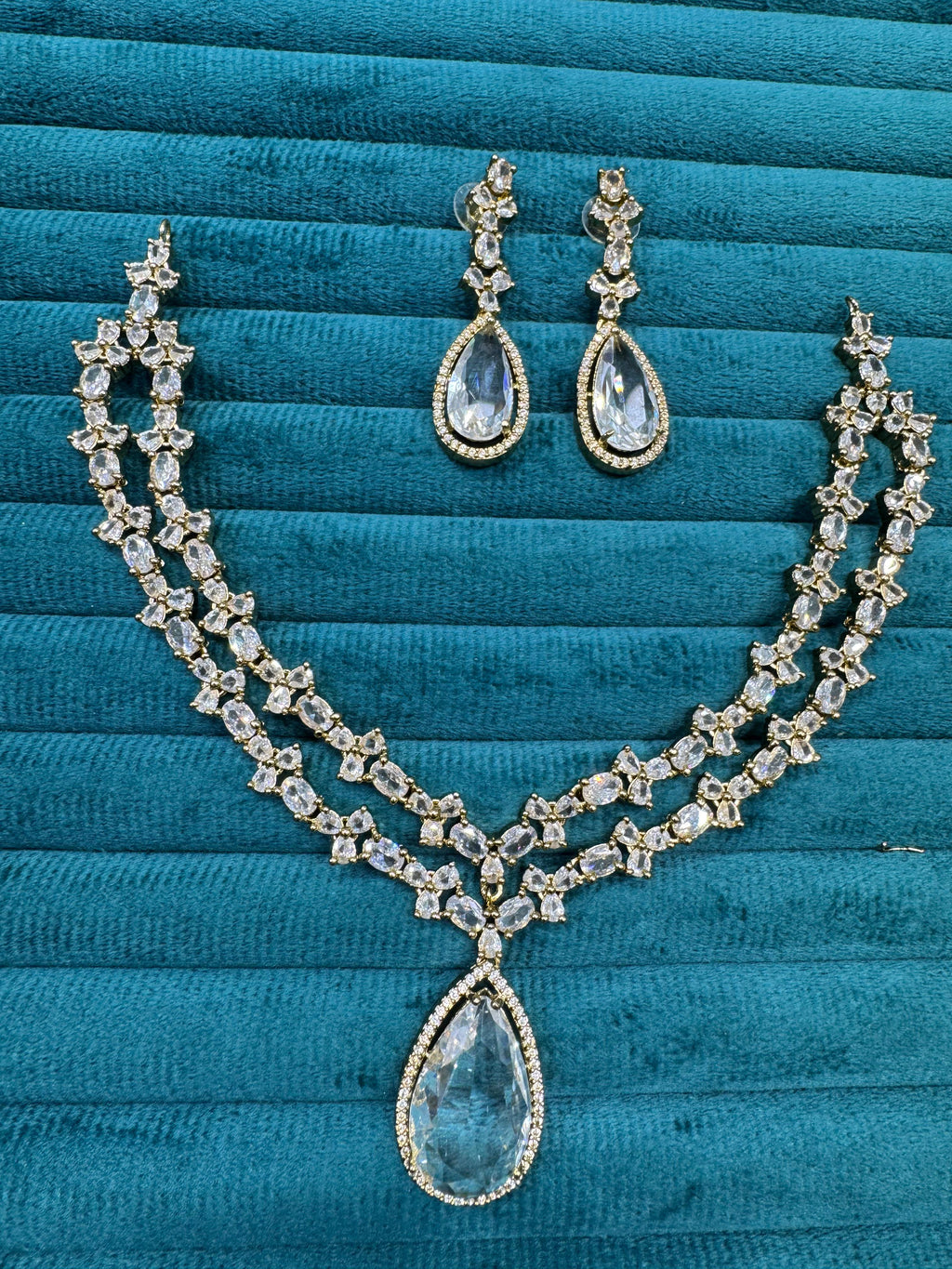 Double Layer Gold Plated Teardrop Necklace Earrings Set