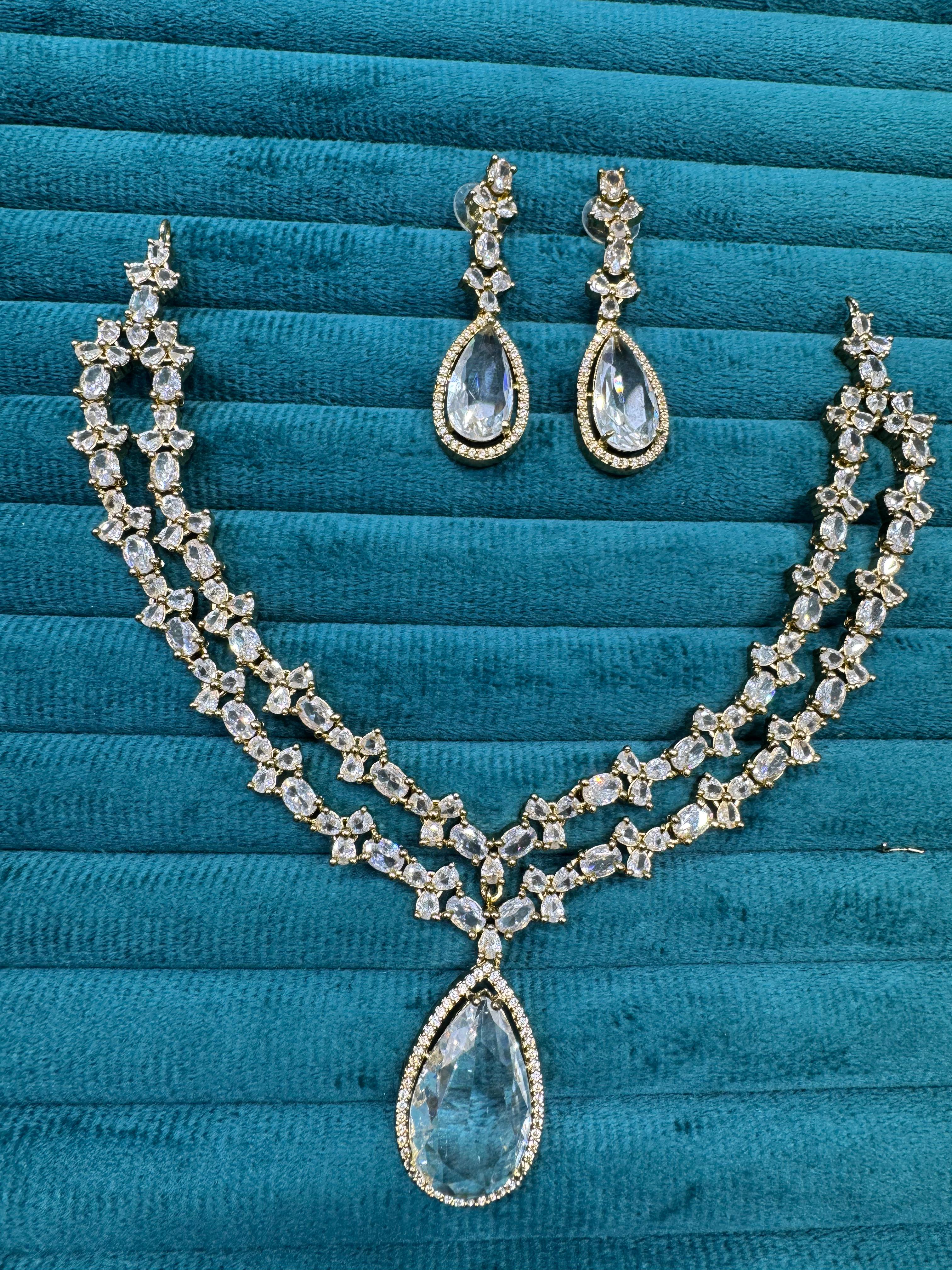 Double Layer Gold Plated Teardrop Necklace Earrings Set