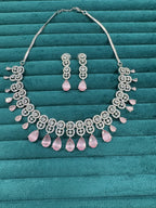 Bollywood Inspired AD Teardrop Silver Plated Necklace Set