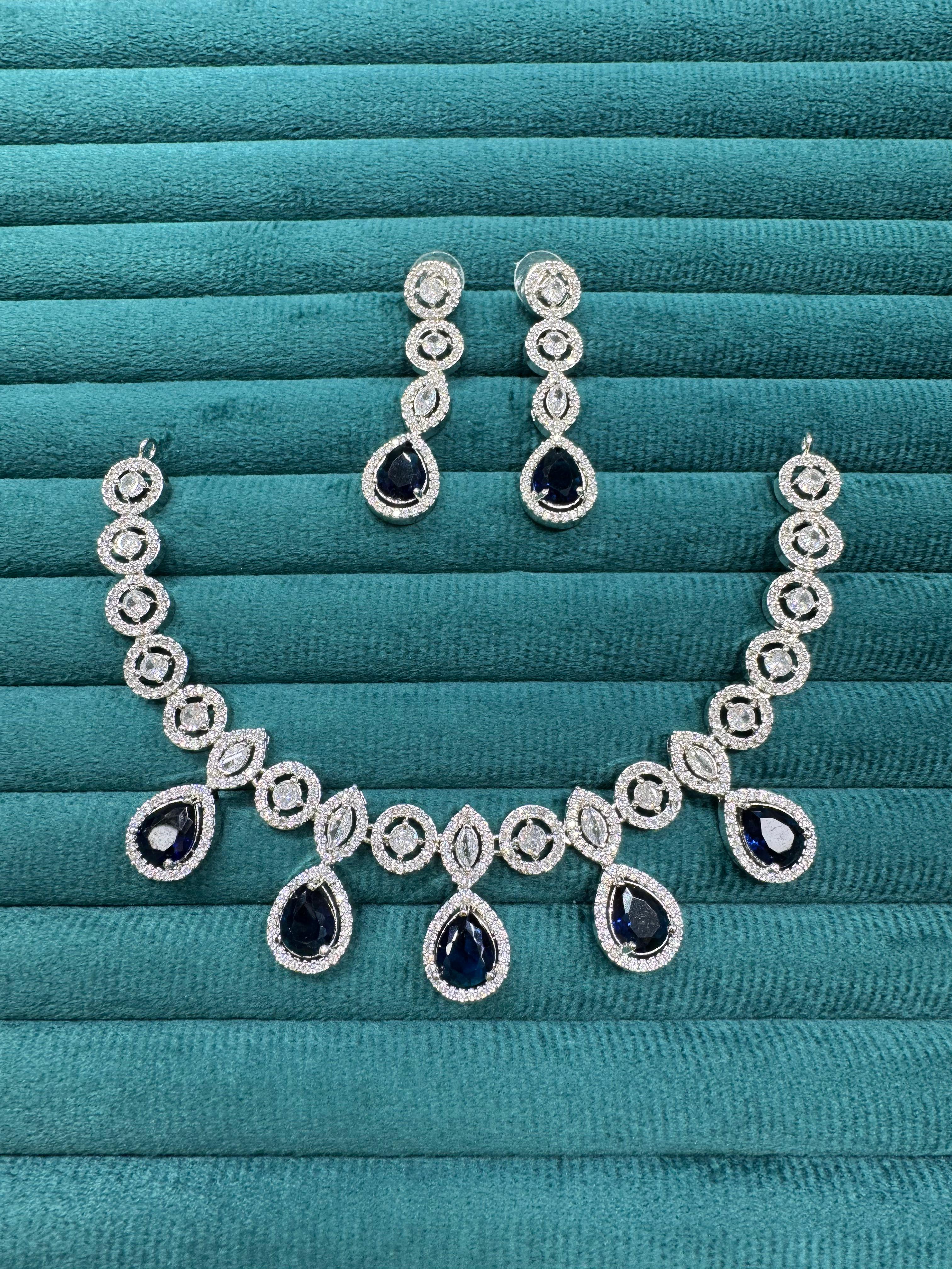 Pakistani CZ Silver Plated Wedding Necklace Earrings Set