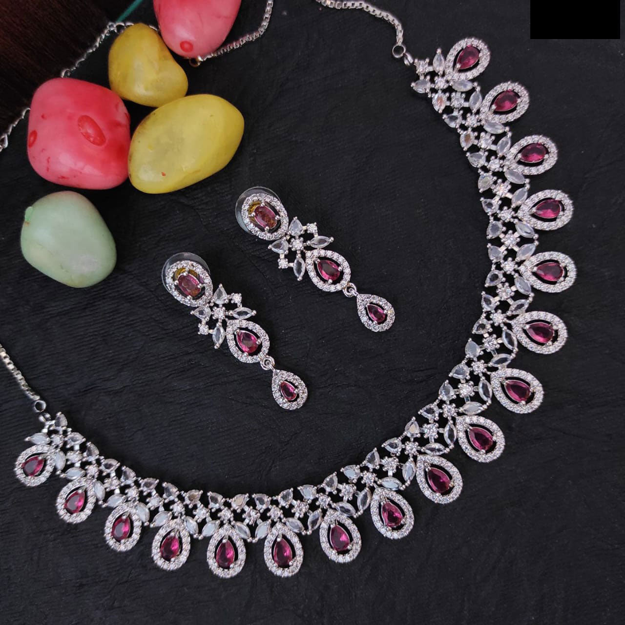 Elegant AD Choker Set for Bridal Pakistani Wedding Jewelry with American Diamond and Silver Finish