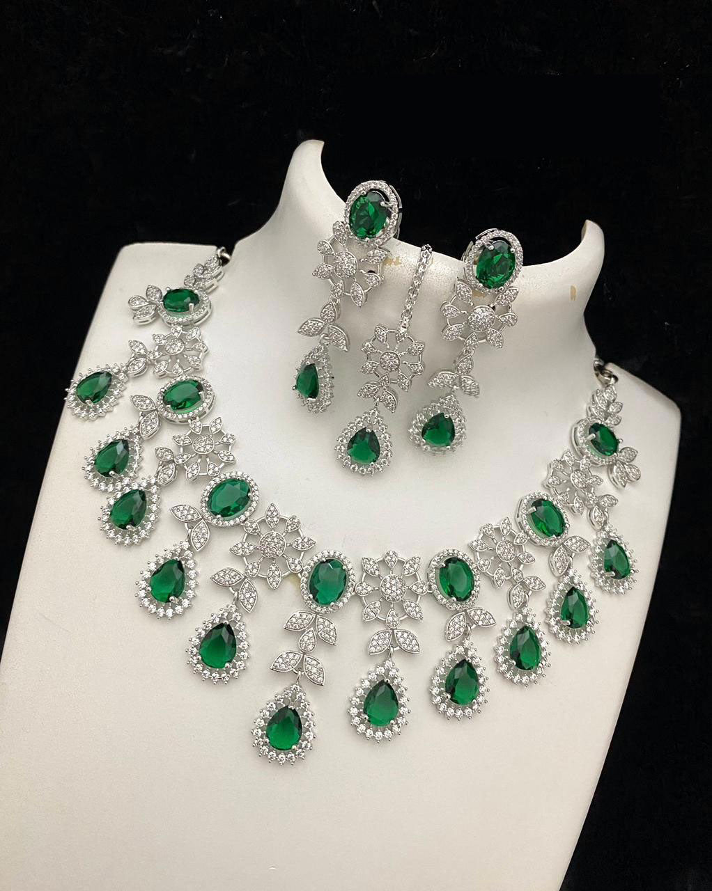 Bollywood Style American Diamond Choker Necklace Earrings Set with Maangtika for  Wedding and Engagement Occasions
