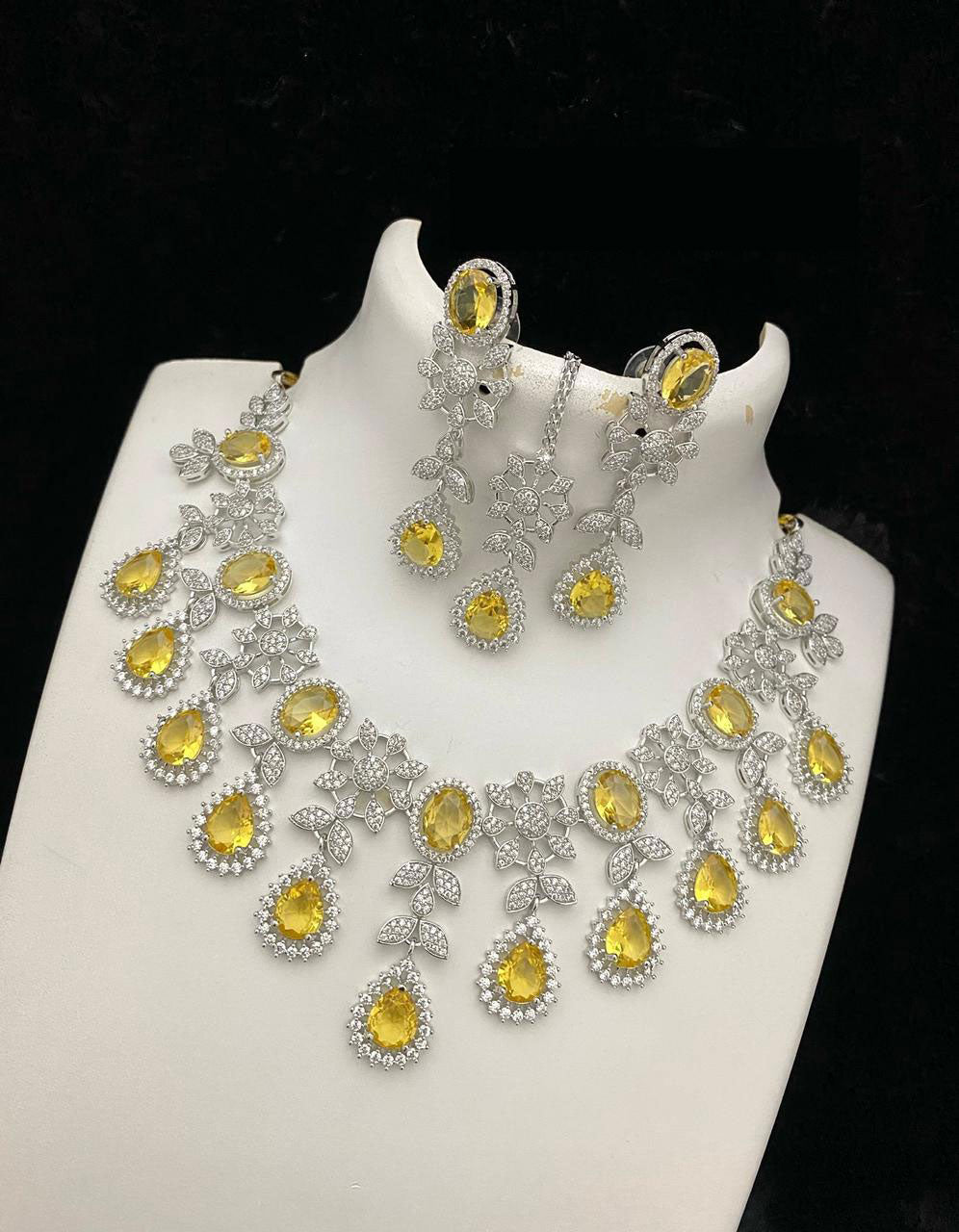 Bollywood Style American Diamond Choker Necklace Earrings Set with Maangtika for  Wedding and Engagement Occasions