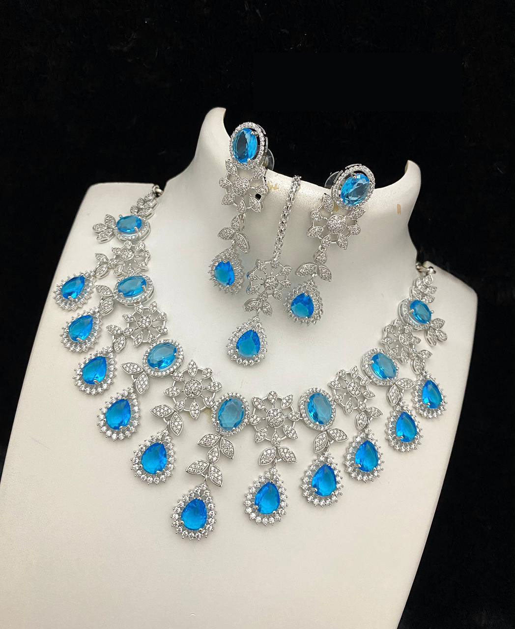 Bollywood Style American Diamond Choker Necklace Earrings Set with Maangtika for  Wedding and Engagement Occasions