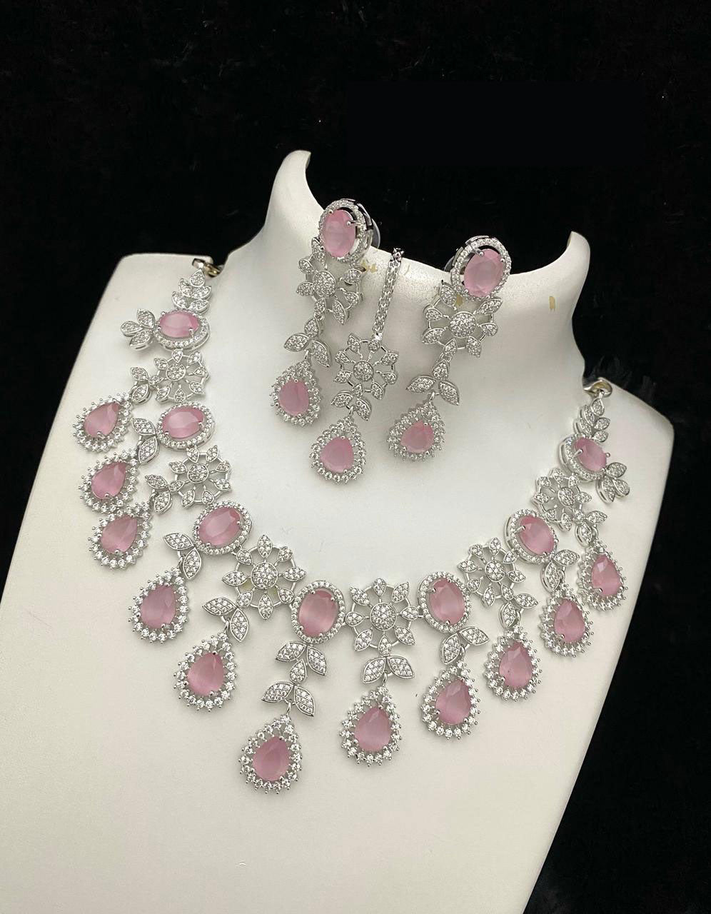 Bollywood Style American Diamond Choker Necklace Earrings Set with Maangtika for  Wedding and Engagement Occasions