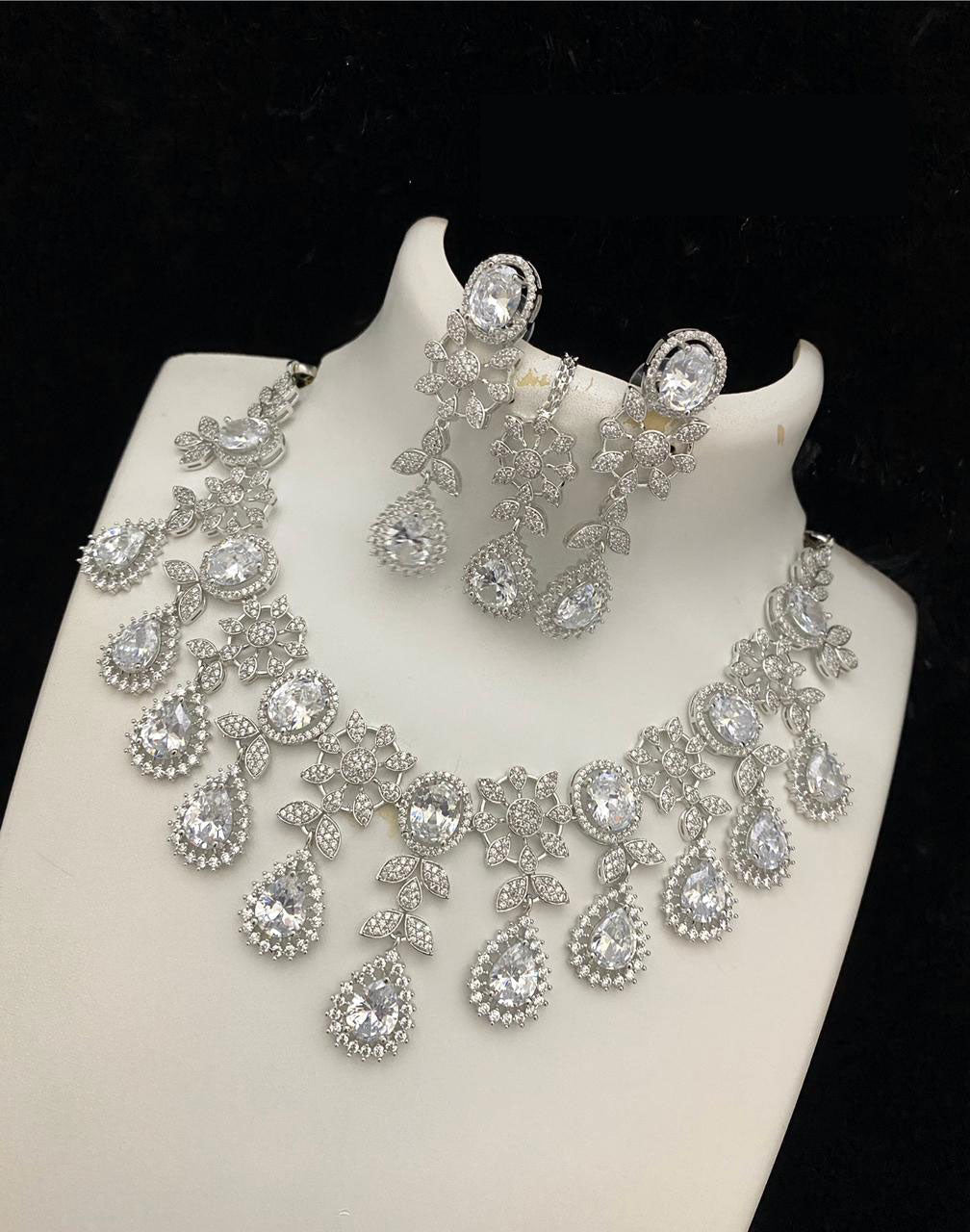 Bollywood Style American Diamond Choker Necklace Earrings Set with Maangtika for  Wedding and Engagement Occasions