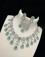 Bollywood Style American Diamond Choker Necklace Earrings Set with Maangtika for  Wedding and Engagement Occasions