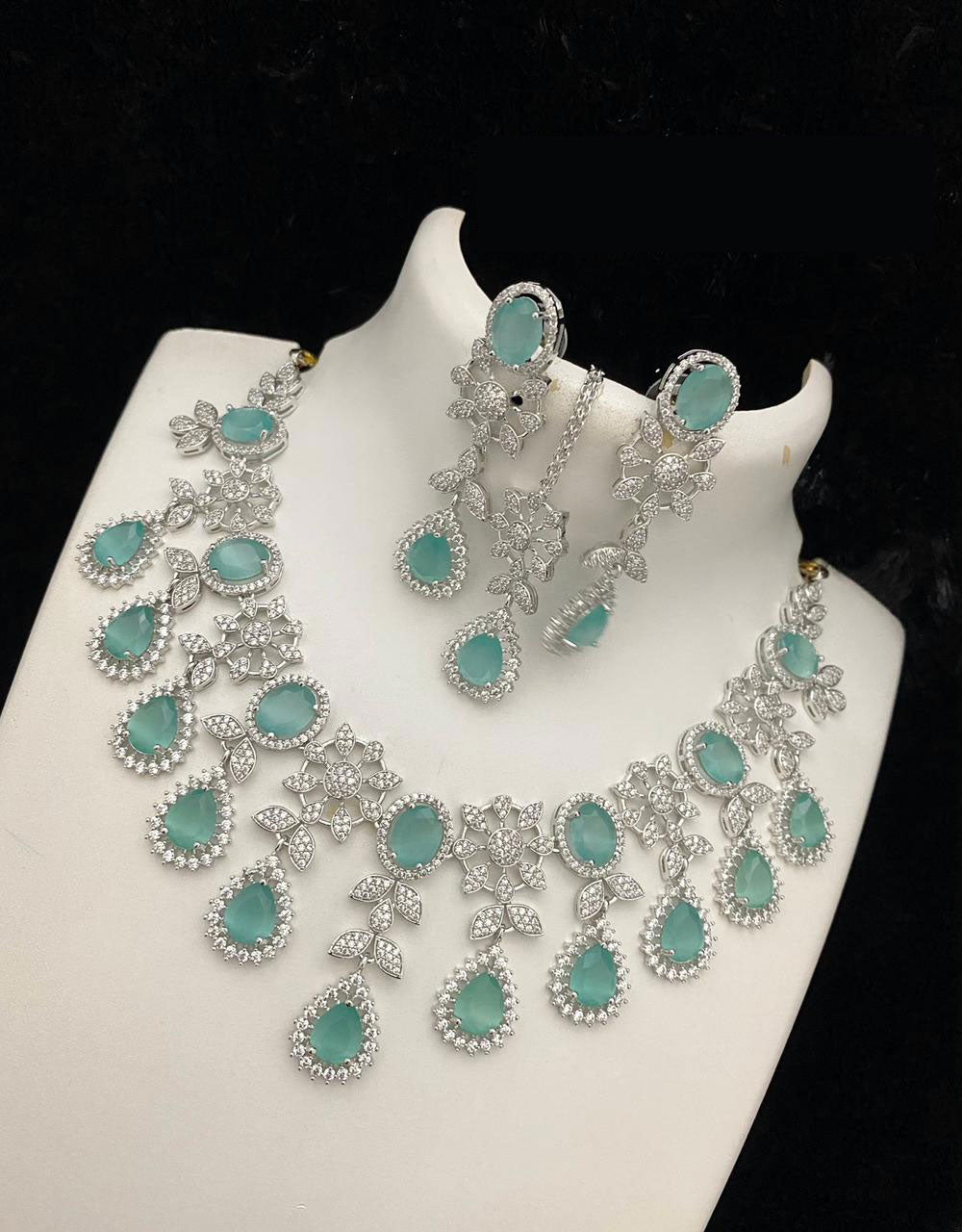 Bollywood Style American Diamond Choker Necklace Earrings Set with Maangtika for  Wedding and Engagement Occasions