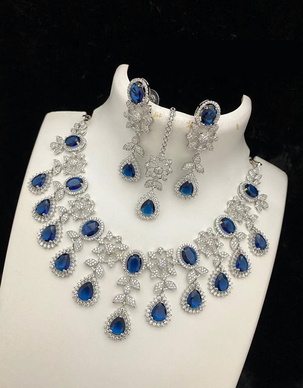 Bollywood Style American Diamond Choker Necklace Earrings Set with Maangtika for  Wedding and Engagement Occasions