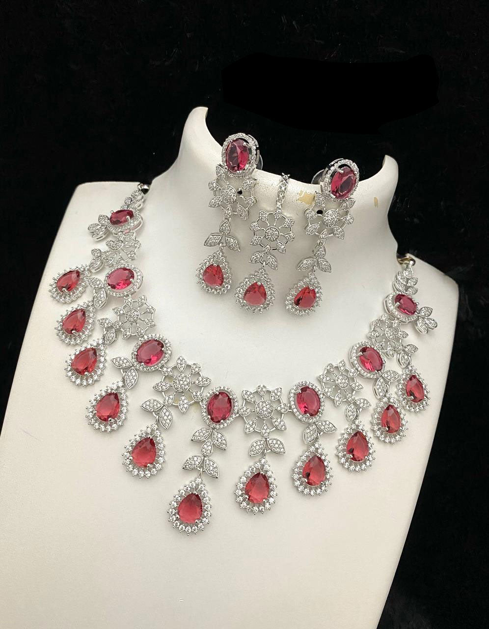 Bollywood Style American Diamond Choker Necklace Earrings Set with Maangtika for  Wedding and Engagement Occasions