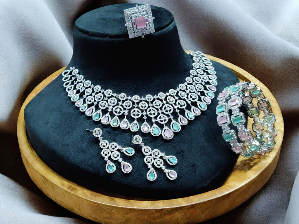 Stunning American Diamond Necklace Earrings Set with Bangles Ring, AD Necklace, AD Earrings Set, AD BAngles, AD Ring, Bridal CZ Jewelry Set, Indian AD Jewelry Set