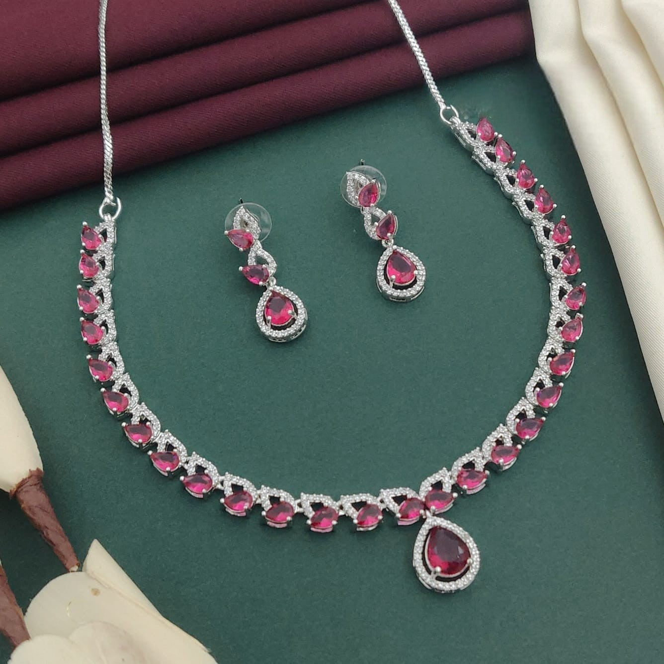 Silver-Plated Red Stone Necklace Set with Earrings | Indian Jewellery | Stone Jewellery Indian Neckles Set