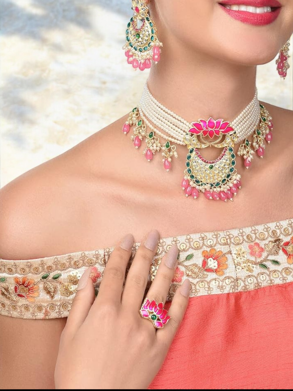 Pink Lotus Pearls Necklace Earring Ring Set, Meenakari Jewelry Set, Lotus Neckalce Earring, bridal Necklace, Wedding Earring