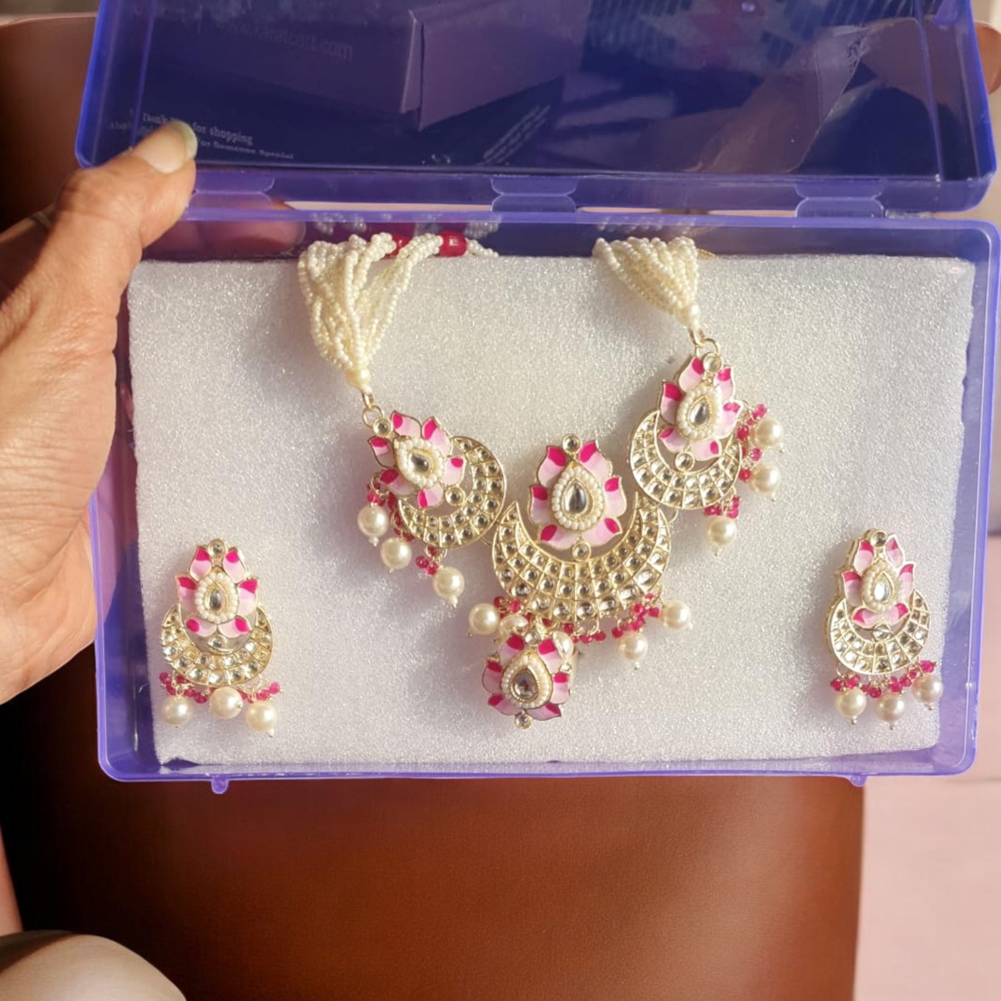 Meenakari Lotus Indian Necklace Earring Ring Set, Meenakari Bridal Jewellery, Meenakari Pearl Necklace Earrings Set, Indian Lotus Jewelry Set, Bridal Necklace Ring Set, Pearl Ring Set, Bridal Jewelry