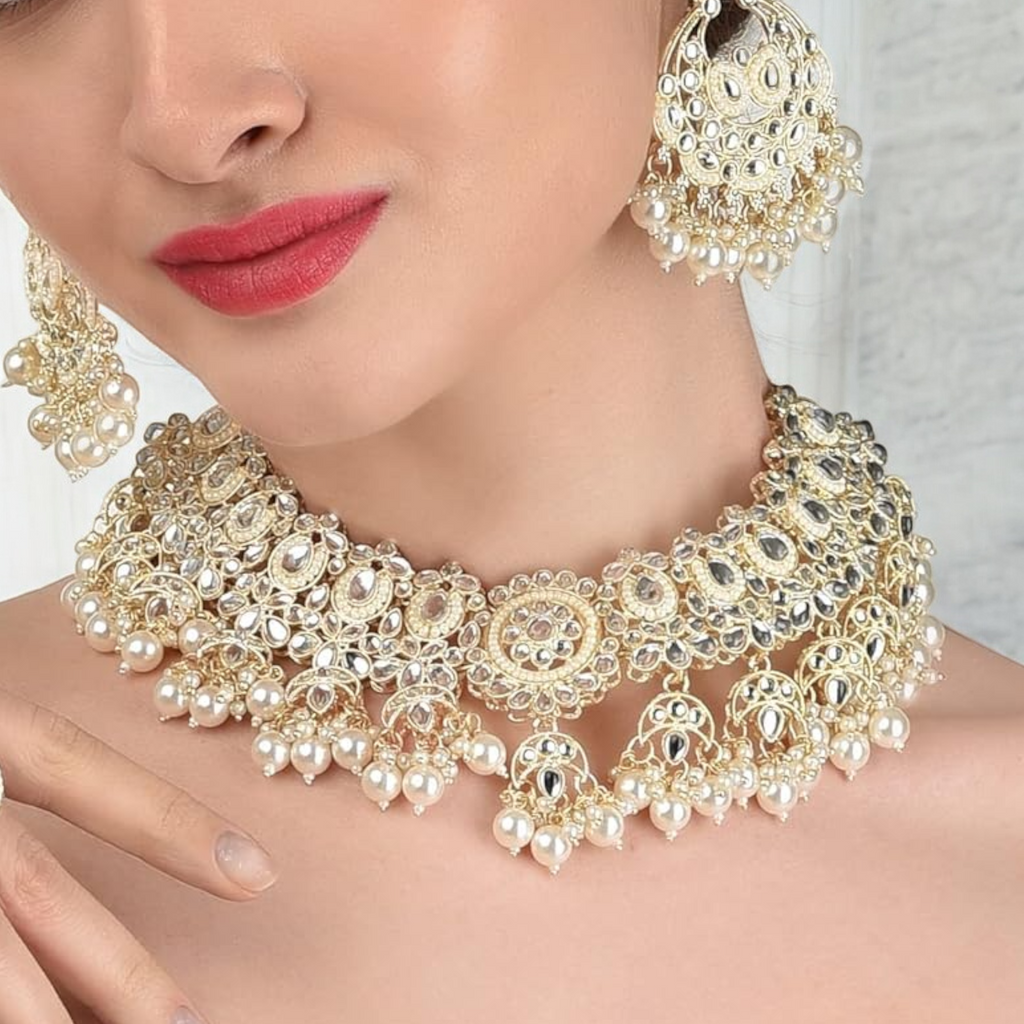 Gold Kundan Bridal Choker Necklace With Pearl Earrings, Kundan Choker Necklace, Pearl Earrings Set, Indian Kundan Jewelry, Bridal Kundan Jewellery Set