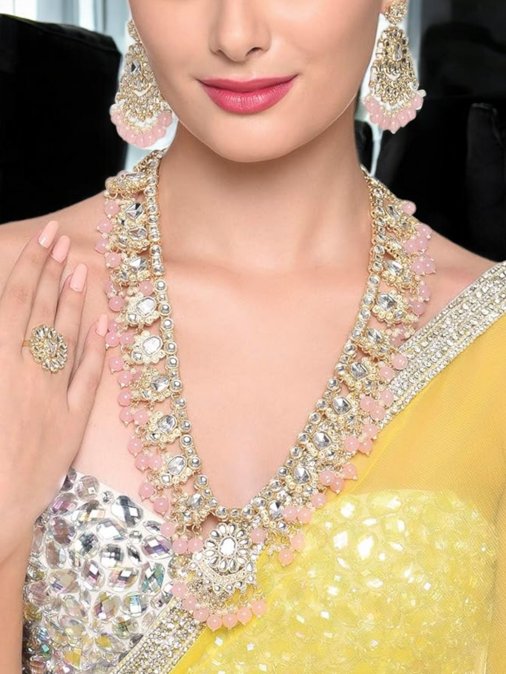 Dazzling Kundan Ethnic Bridal Necklace Earring Ring Set,  Kundan Bridal Necklace Set - Indian Choker with Earrings