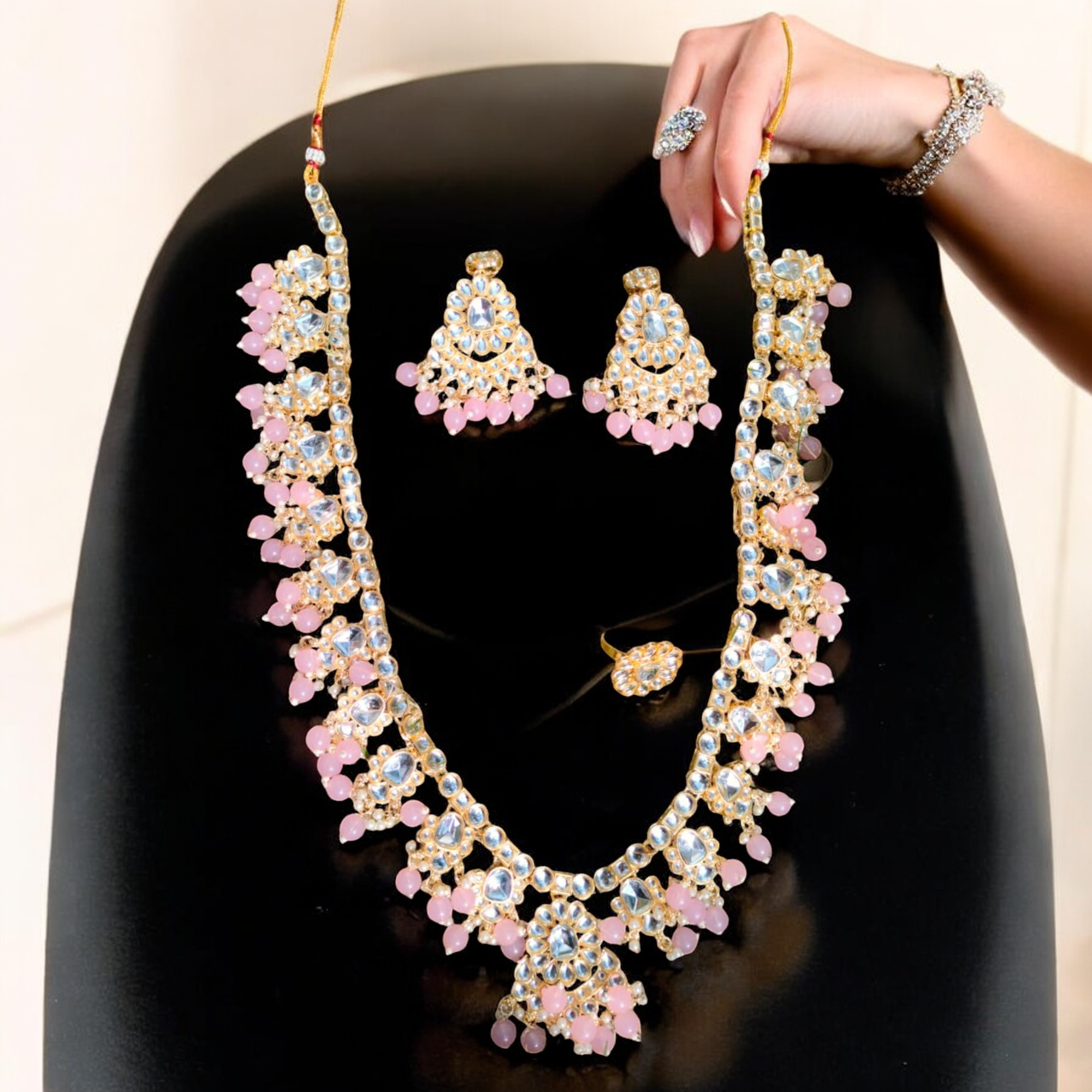 Dazzling Kundan Ethnic Bridal Necklace Earring Ring Set,  Kundan Bridal Necklace Set - Indian Choker with Earrings